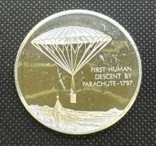 History Of Flight 1st Human Descent By Parachute 1797 Sterling Silver Coin 1.35 Oz