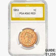 1853 Braided Hair Large Cent PGA MS63 RED