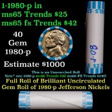 BU Shotgun Jefferson 5c roll, 1980-p 40 pcs Bank $2 Nickel Wrapper